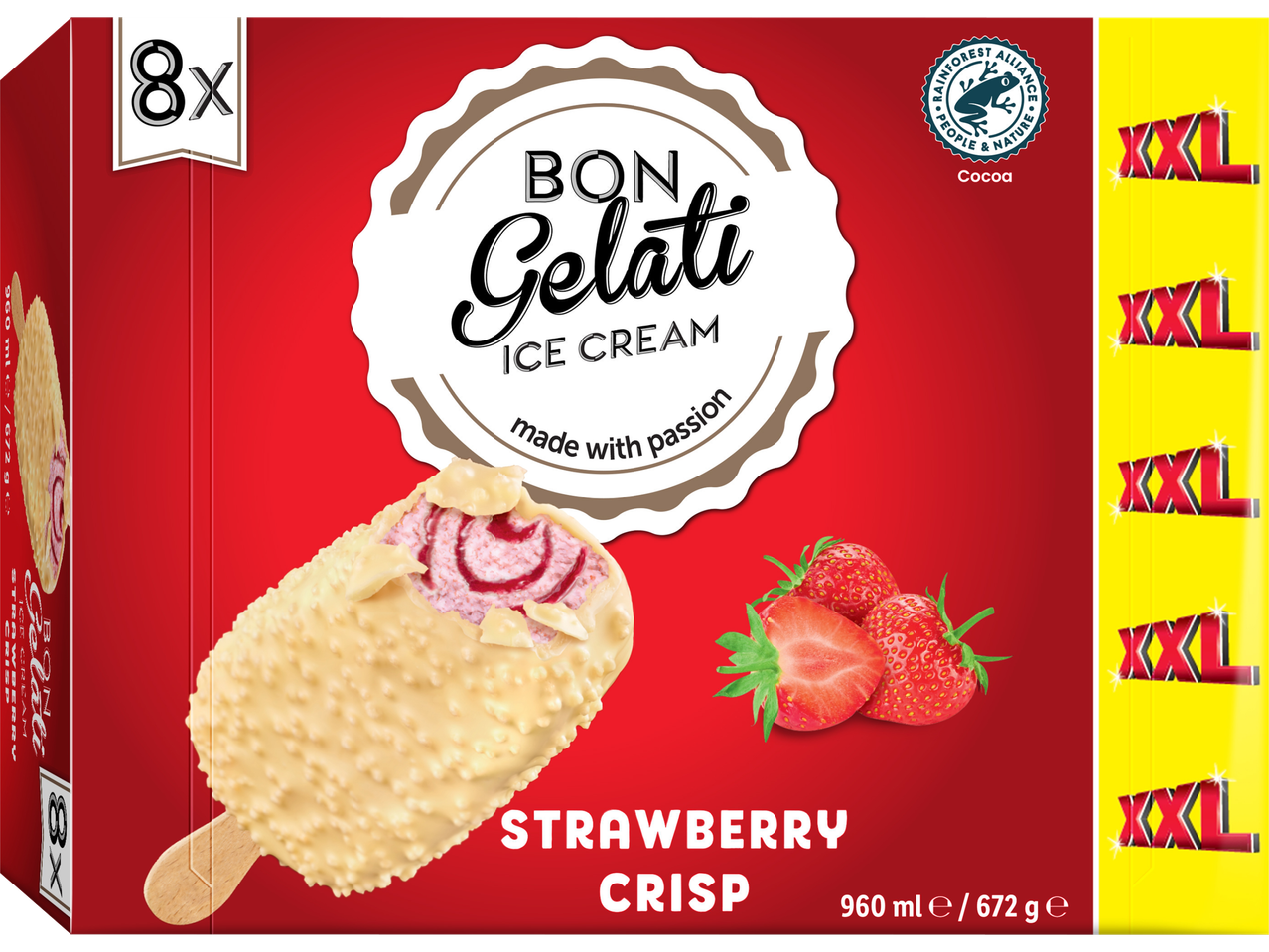 Bon Gelati XXL-stora jordgubbsglasspinnar med vit choklad.