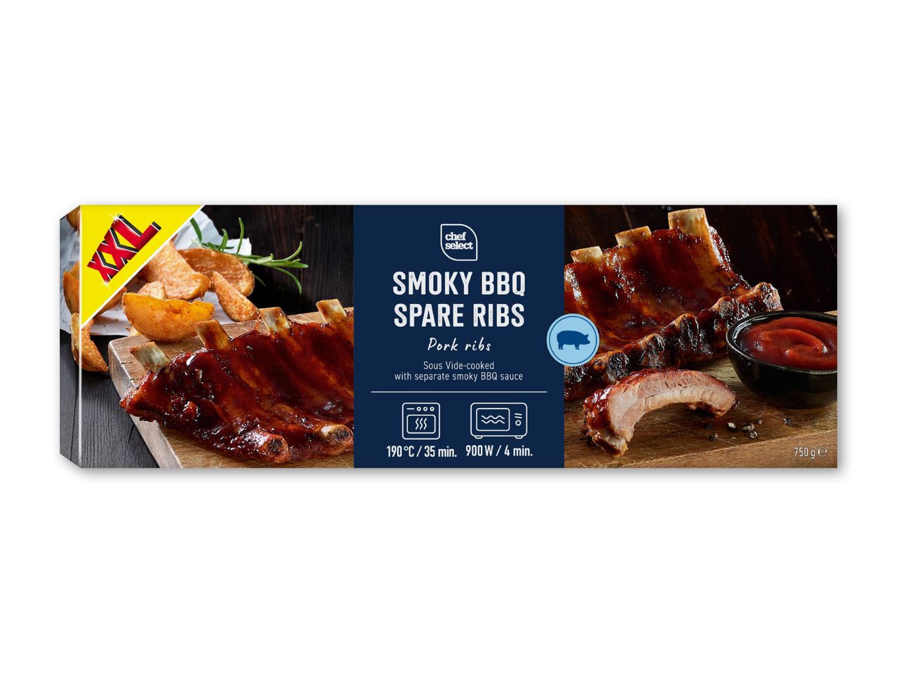 XXL røgede BBQ spareribs af svinekød med sauce, klar til ovn eller mikroovn.