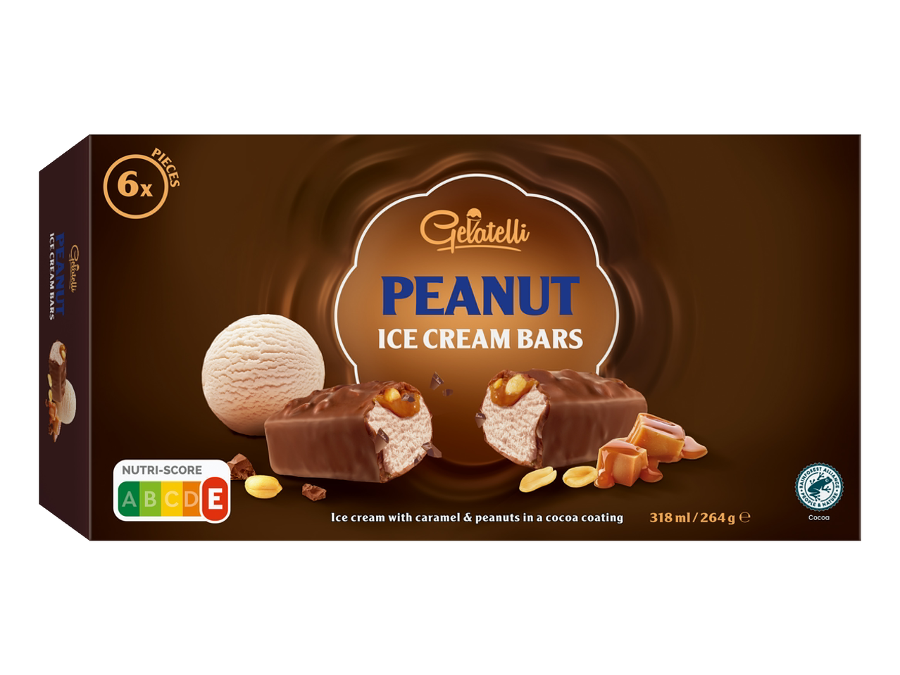 Gelatelli pindakaasijsblokjes met karamel en cacaobeschotting.