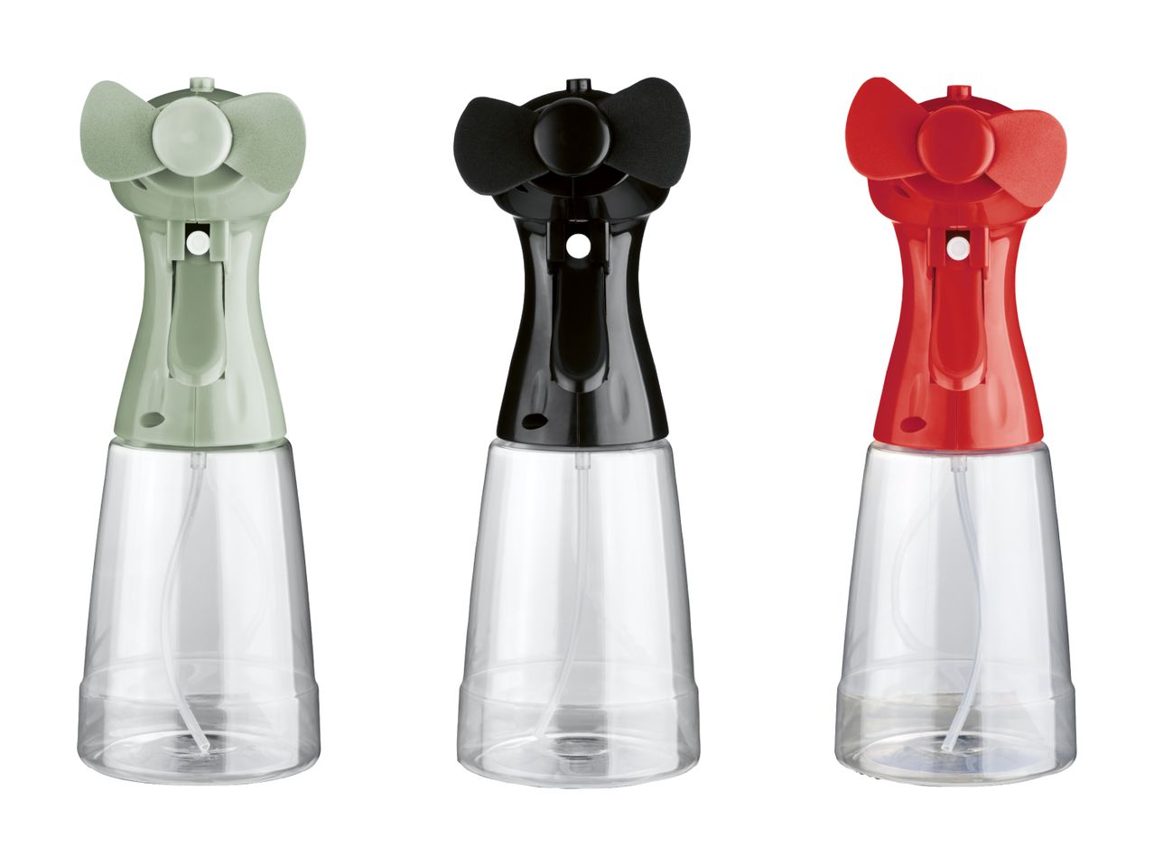 Trois brumisateurs-ventilateurs portables aux couleurs pastel.