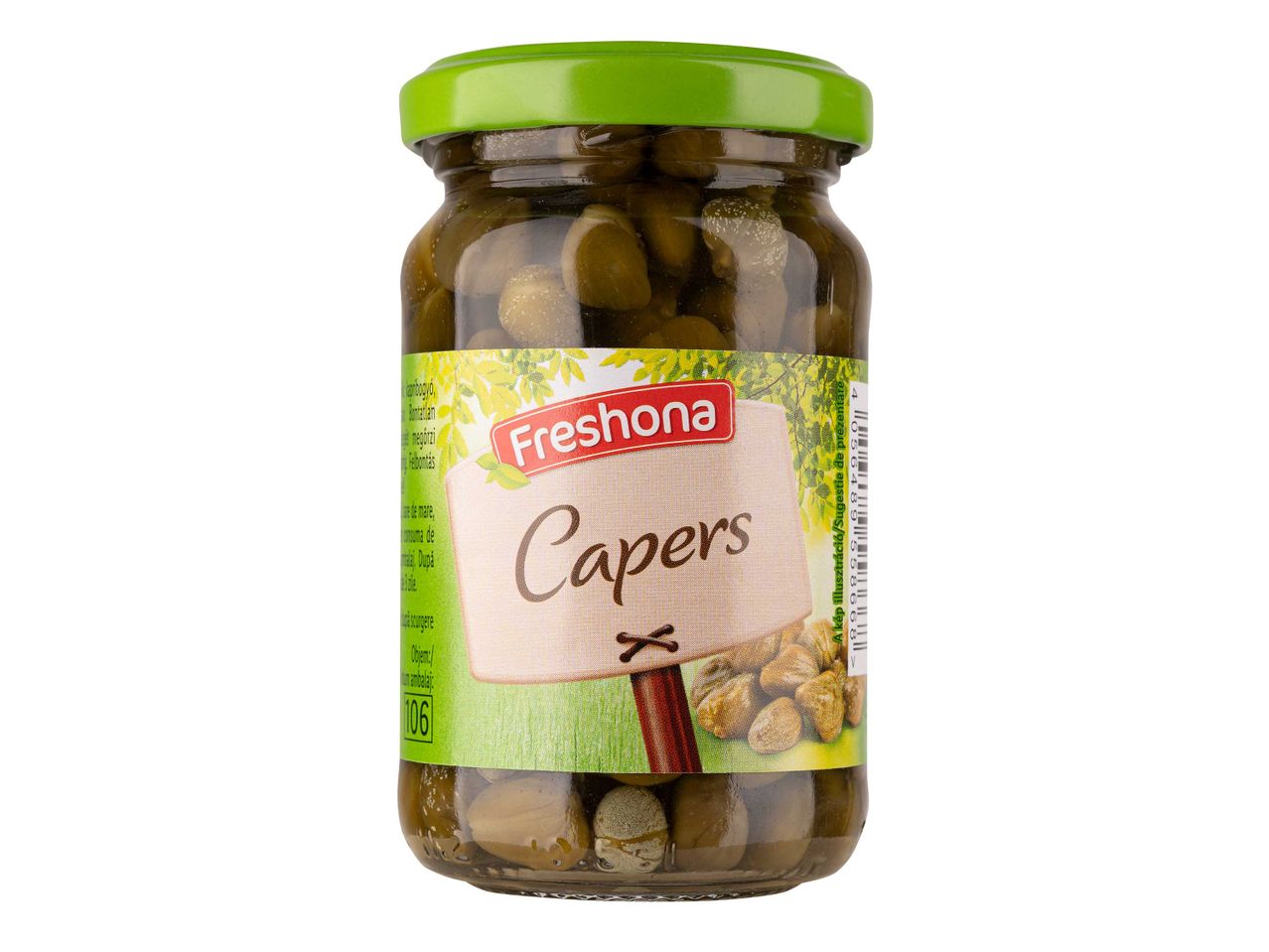 Fresbona kapribogyó üveg, zöld fedéllel.