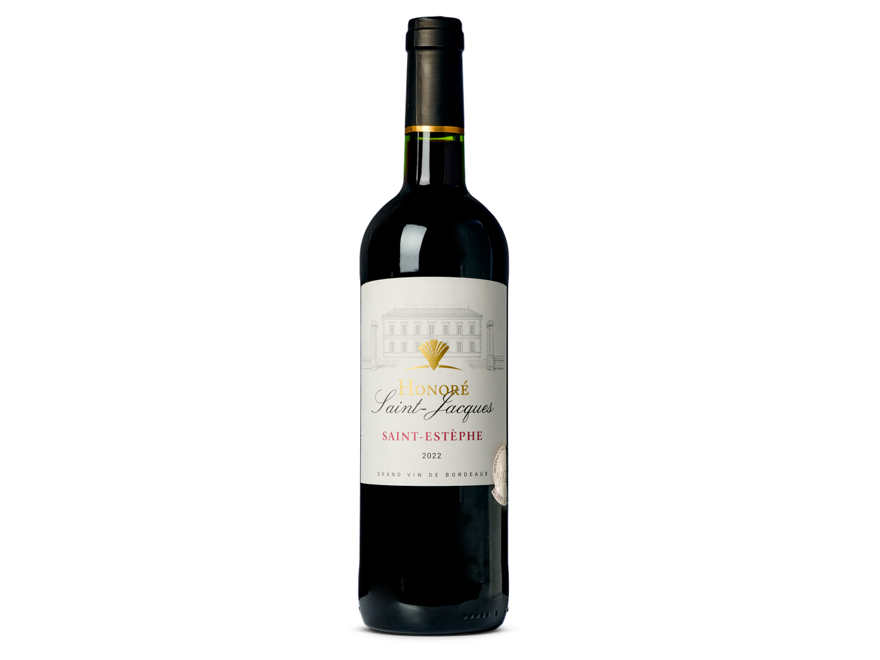 Een fles Honore Saint-Jacques Saint-Estèphe 2022 Grand Vin de Bordeaux rode wijn.