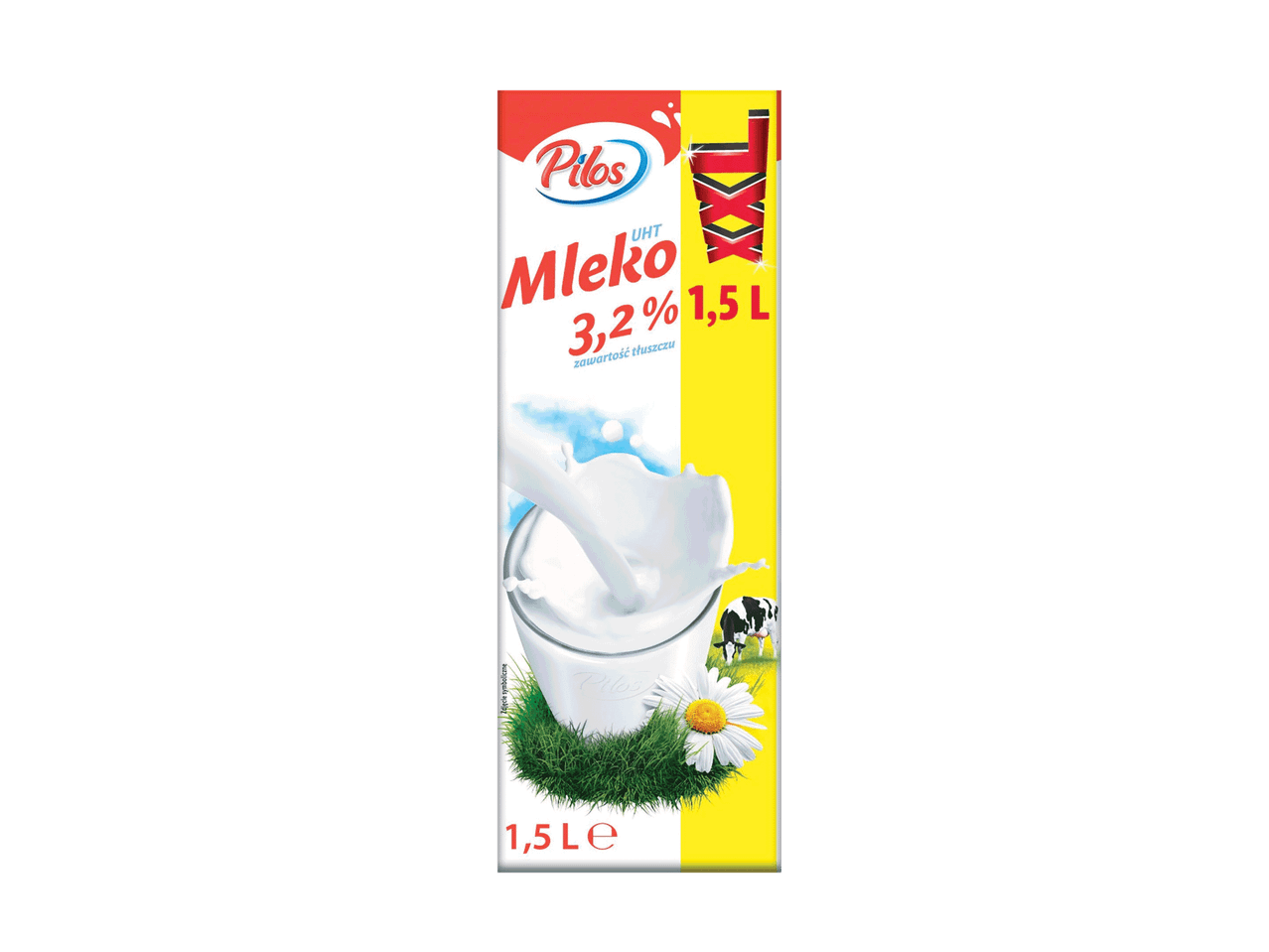 Pilos UHT piens 3,2% tauku saturs, 1,5 l, ar govs un margrietiņas attēlu.