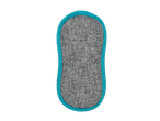A gray cleaning sponge with a teal border.