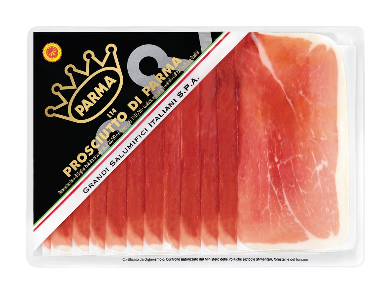 Packaged sliced prosciutto with a black and gold label, featuring a crown and text.