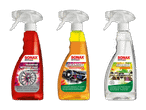 Sonax-Reinigungsmittel für Felgen, Motorraum und Innenraum.