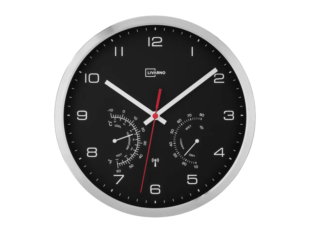 Analogue wall clock with built-in thermometer and hygrometer dials