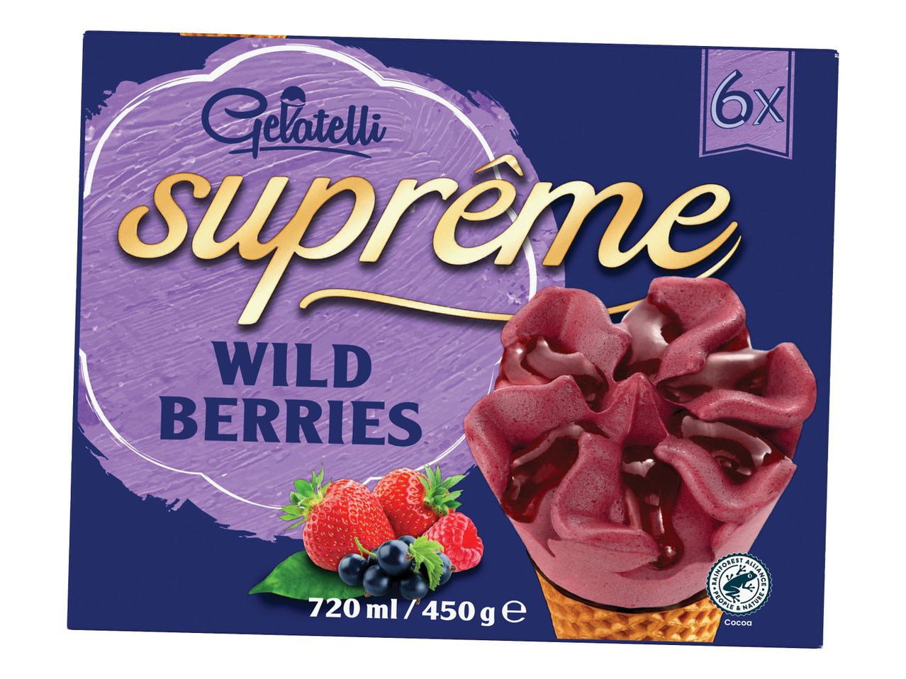 Škatla sladolednih kornetov Gelatelli Supreme z okusom divjih jagod.