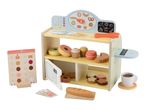 A wooden toy bakery stand with play food, money, and a coffee cup.