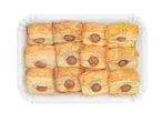 Twelve sausage rolls in a paper tray.