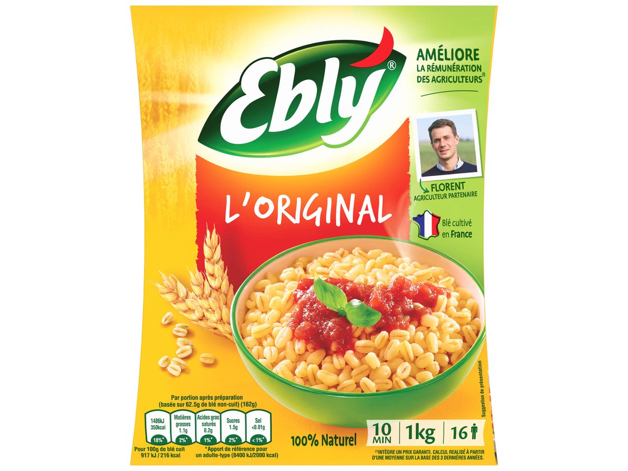 Un paquet de blé Ebly L'Original avec un bol de blé cuit et des informations nutritionnelles.