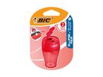 A red BIC pencil sharpener with a flip-top lid is shown on its packaging.