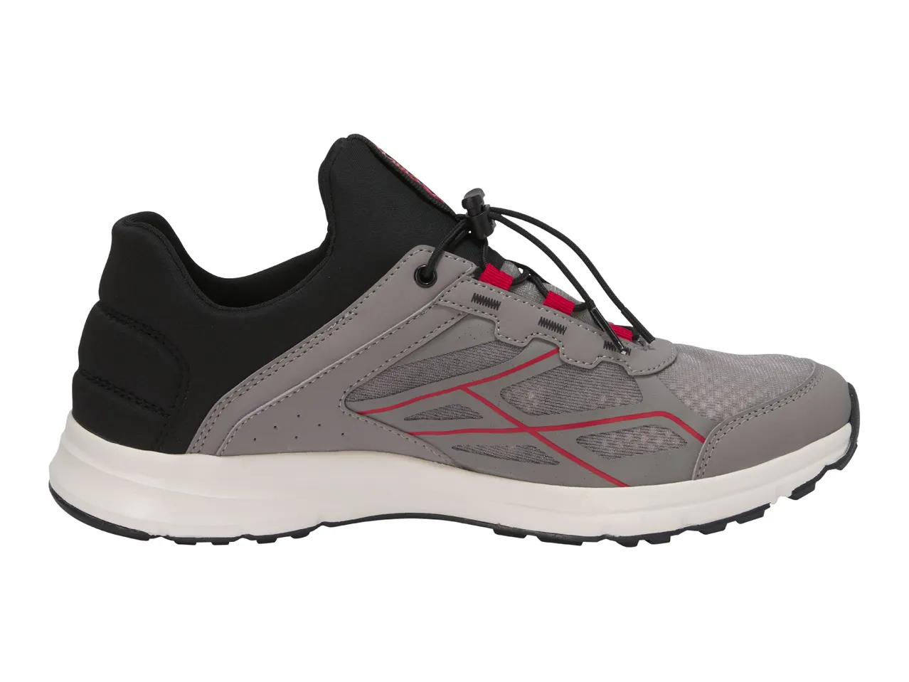 Grey and black men's athletic shoe with red accents and speed lacing system.
