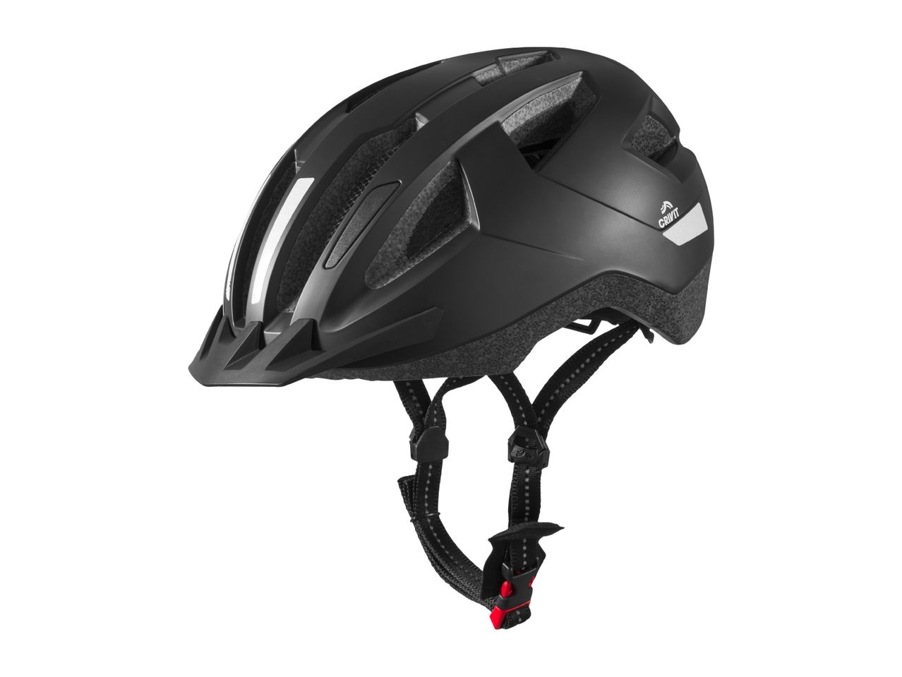 Black bicycle helmet with reflective details and adjustable straps.