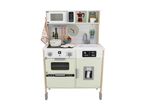 A wooden toy kitchen with a microwave, oven, sink, and refrigerator, featuring various accessories.