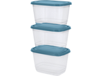 Trois boîtes de conservation SILVERCREST transparentes avec couvercles bleus empilées.