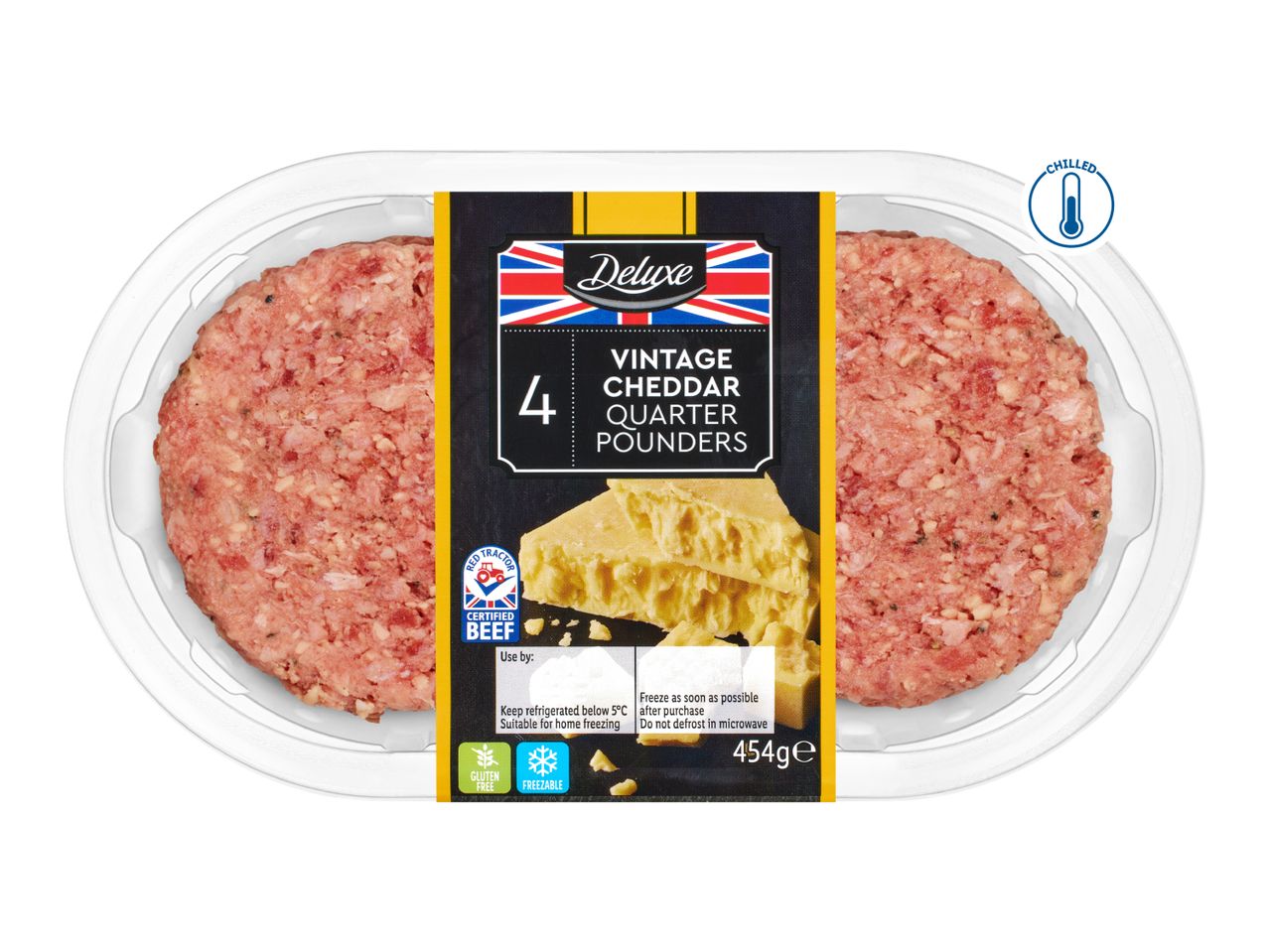 Chilled pack of four vintage cheddar quarter pounder beef burgers, 454g, suitable for freezing.