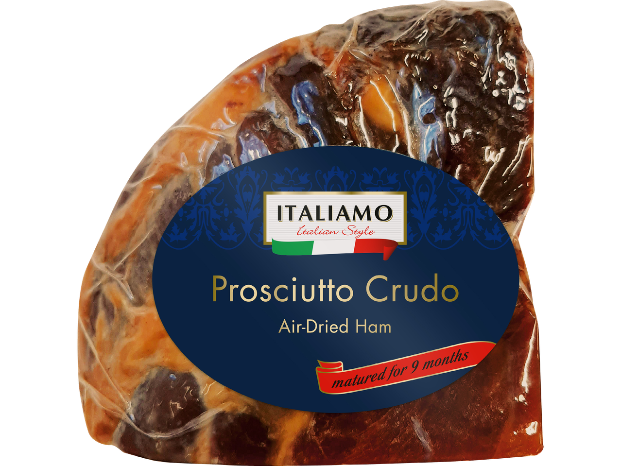 Italiamo Prosciutto Crudo, lufttorkad skinka mognad i 9 månader, i vakuumförpackning.