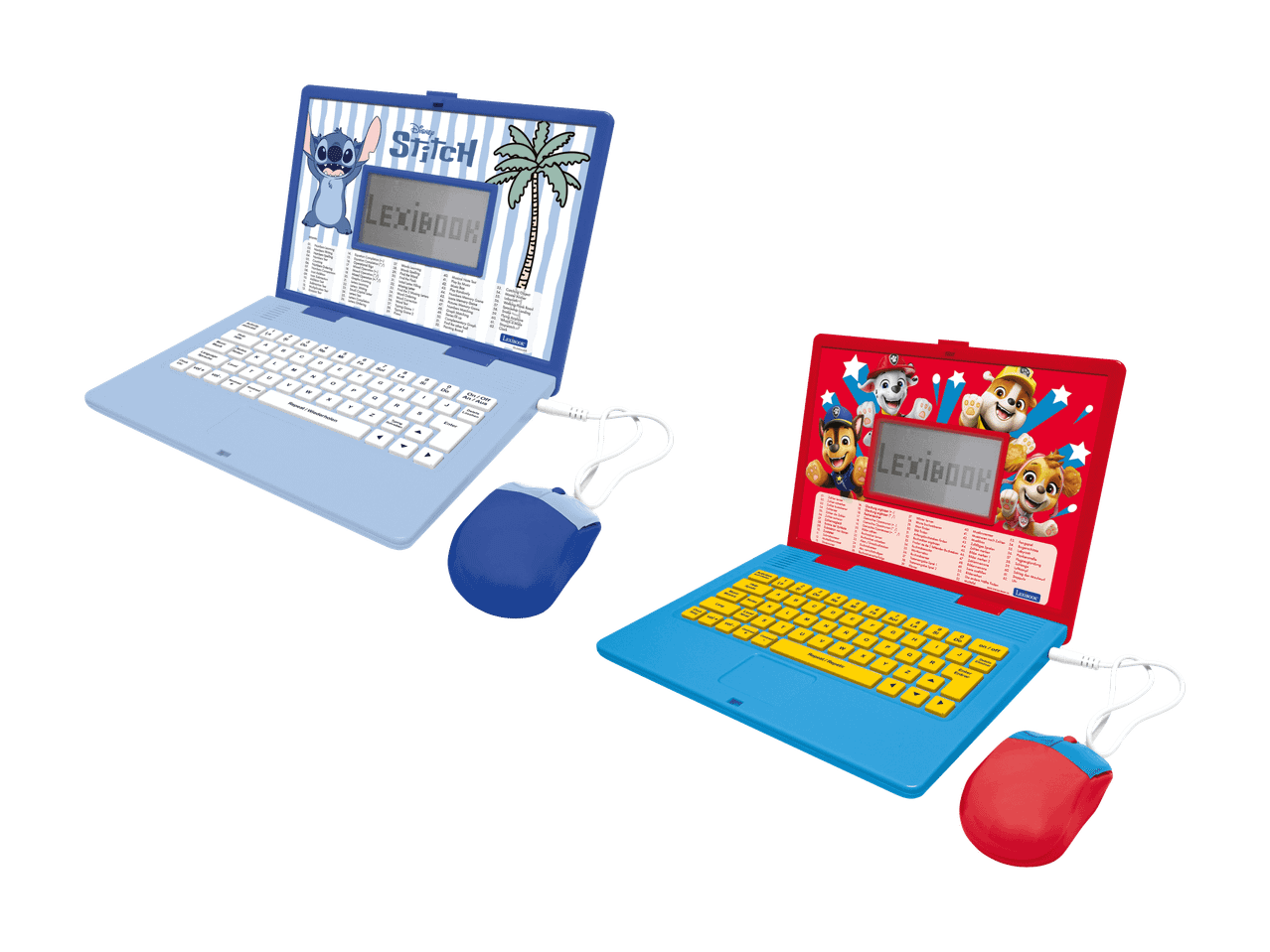 Deux ordinateurs portables pour enfants, un sur le thème de Stitch et un sur le thème de Paw Patrol, avec souris.
