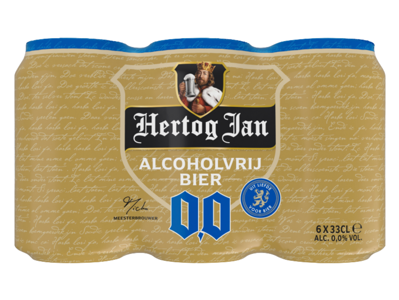 Een sixpack alcoholvrij bier met een koning die een bierpul vasthoudt.