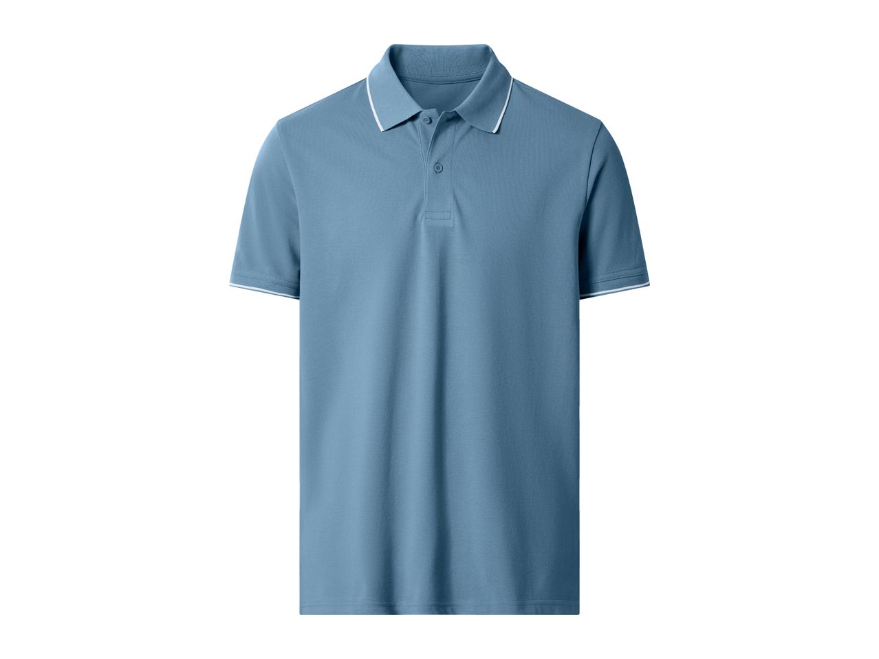 Light blue men's polo shirt with white trim on the collar and sleeves