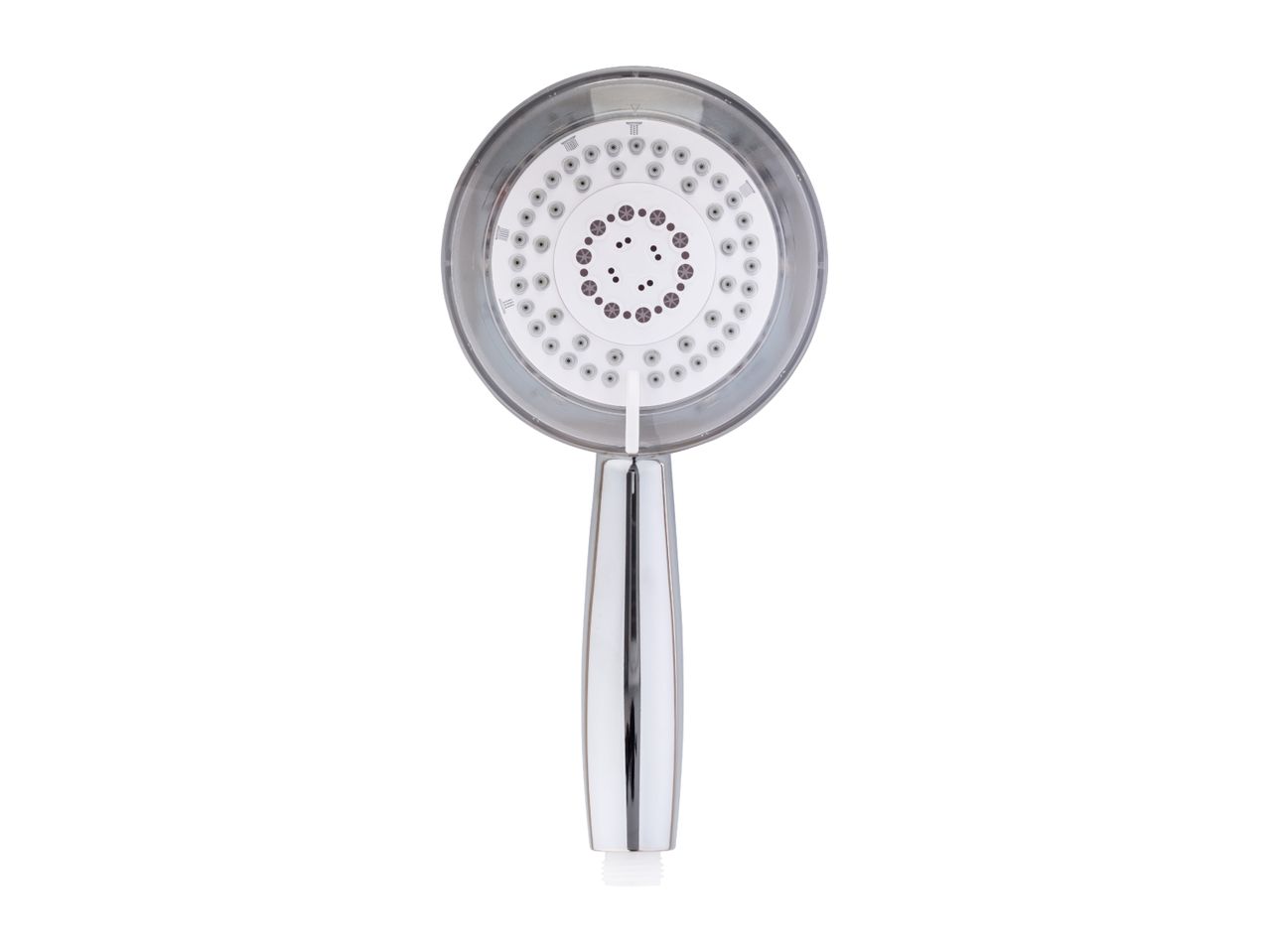 White and chrome handheld shower head with multiple spray settings