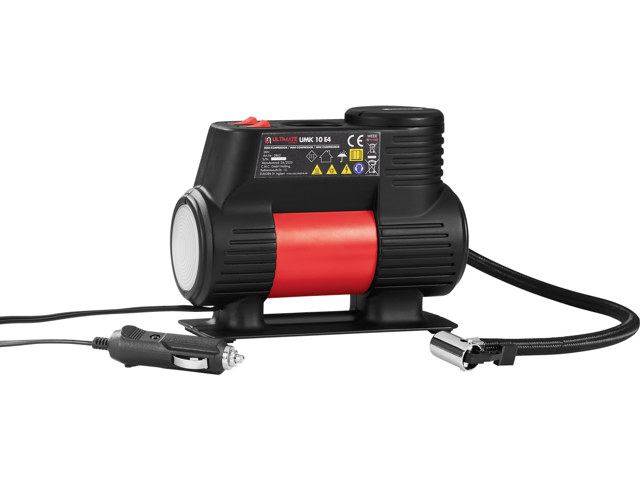 ULTIMATE SPEED® 12V Mini Compressor UMK 10 E4 with power plug and hose.