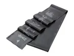 Black resistance band with exercise illustrations and product information.
