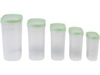 Set di cinque contenitori ermetici trasparenti con coperchio verde menta.