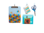 Clipboard, folder, scissors, and document holder hanging on adhesive hooks.