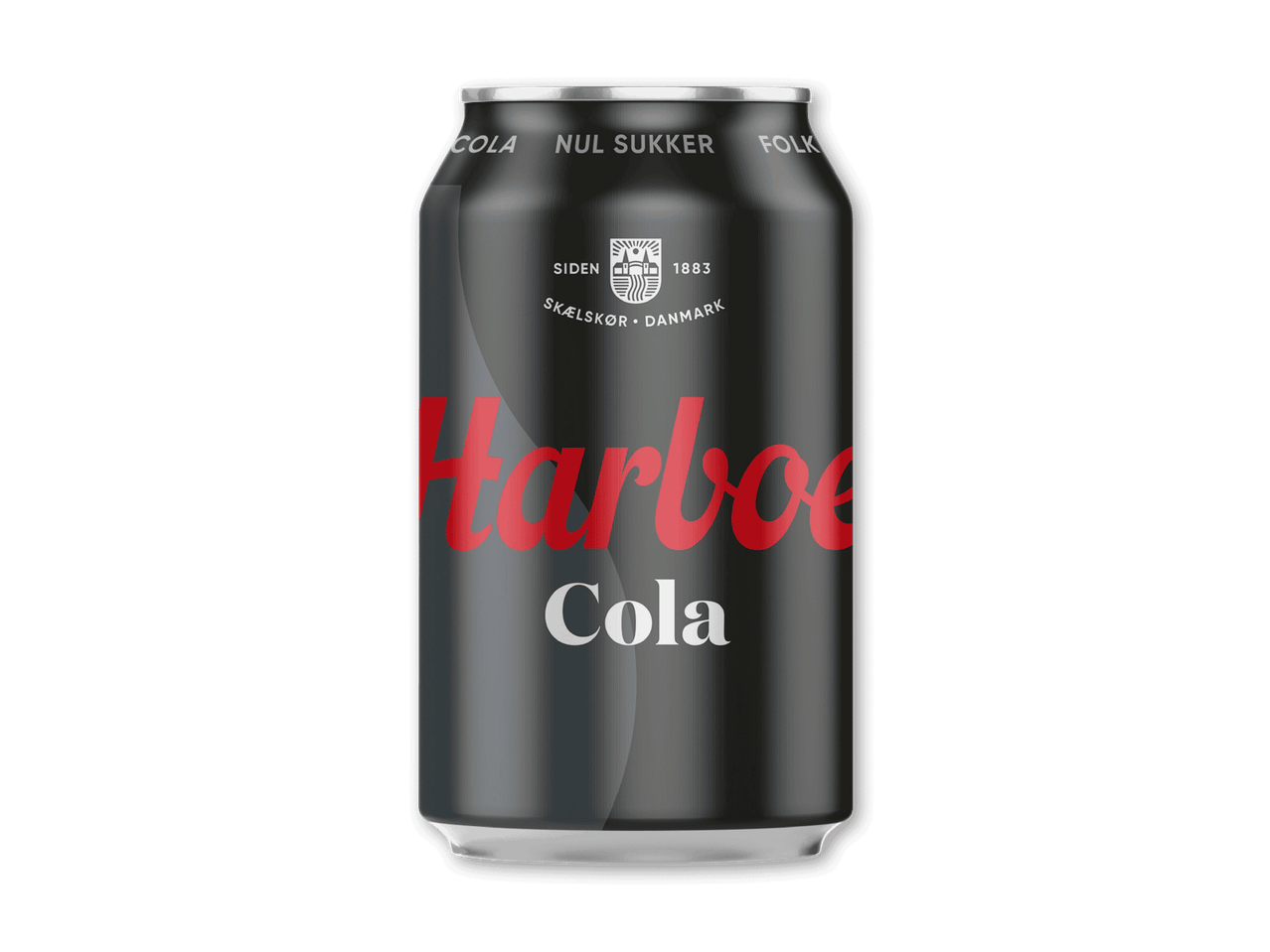 En sort sodavandsdåse med rød og hvid tekst, der læser 'Harboe Cola' og 'Nul Sukker'.