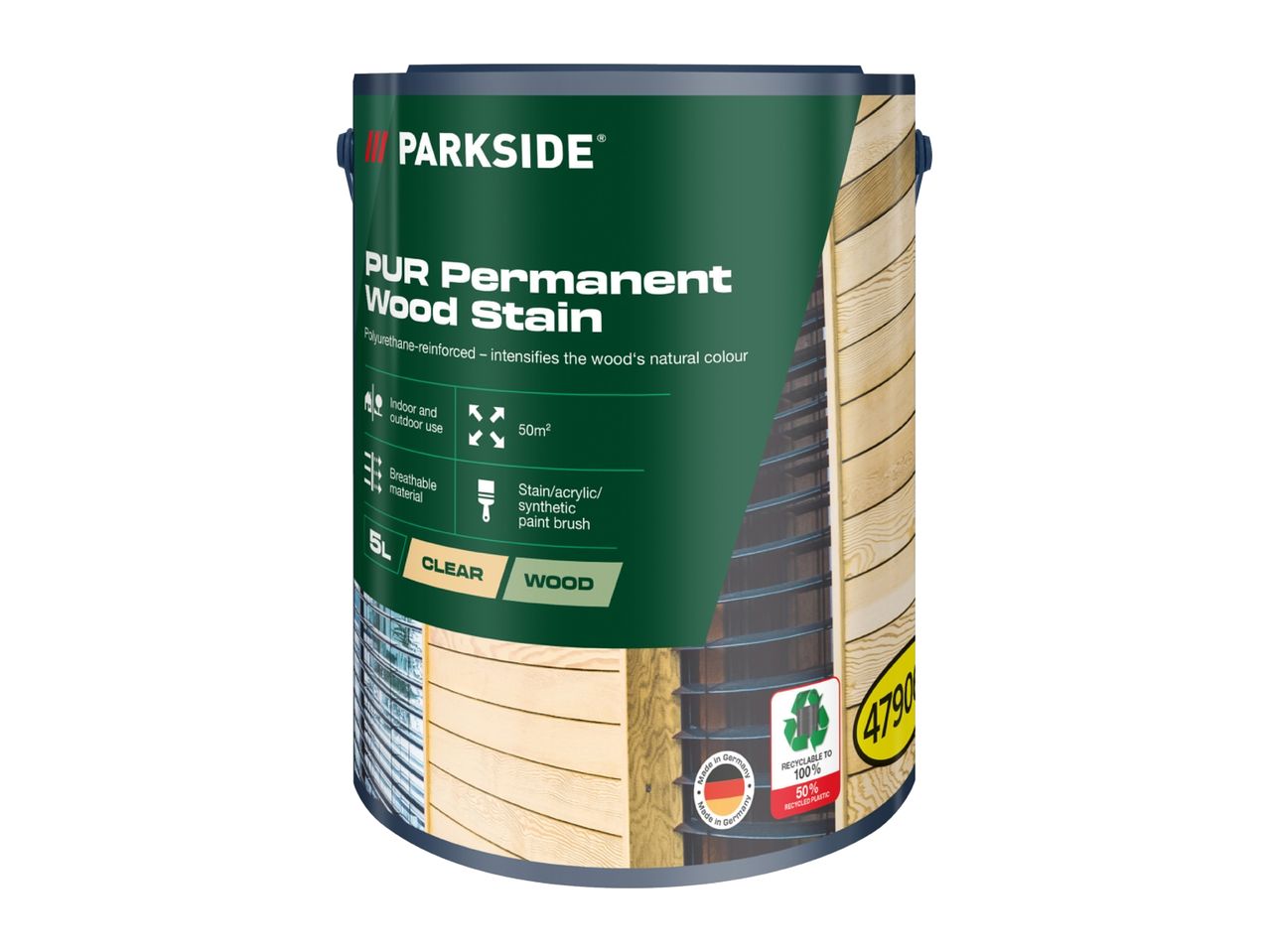 5L can of clear polyurethane-reinforced wood stain for indoor and outdoor use, covering 50m².