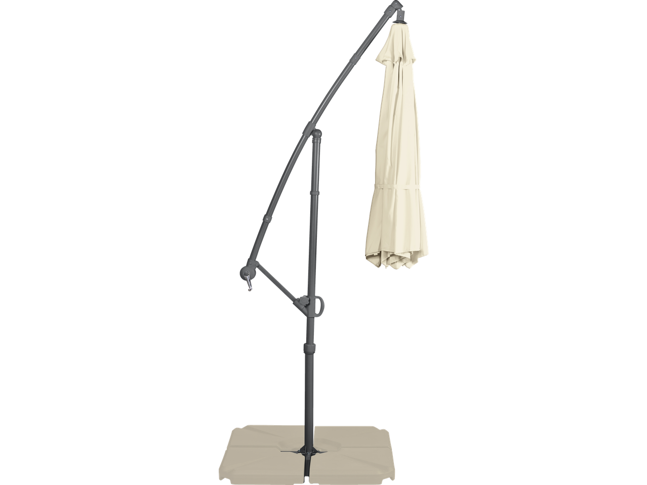 LIVARNO Ampelschirm, bež, sklopljen, sa sivom konstrukcijom i postoljem.