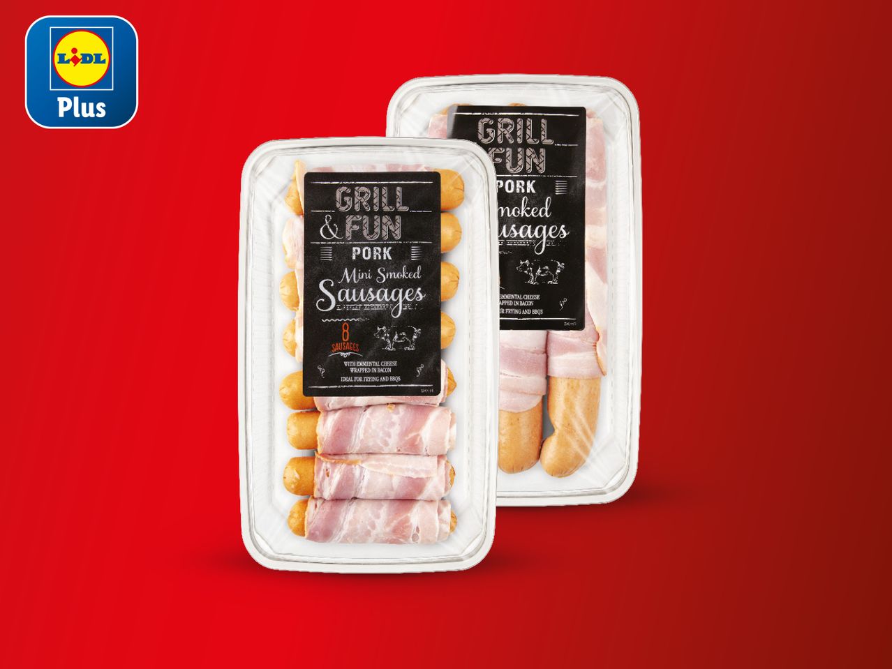 Lidl Plus mini kobasice s dimljenim mesom, omotane slaninom, spremne za roštilj.