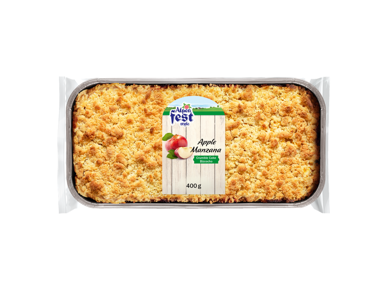 Apple crumble cake in a foil tray, with a label showing apples and text 