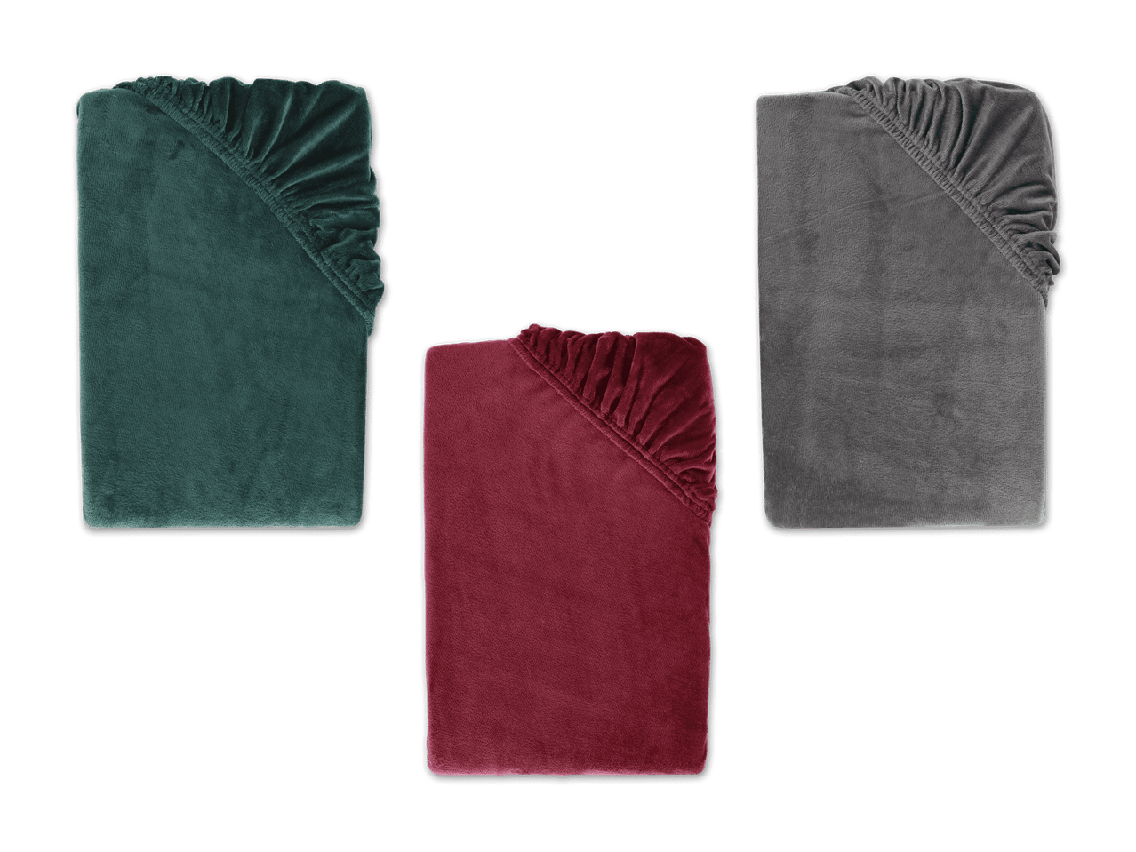 Drei Spannbettlaken aus Mikrofaser in Grün, Rot und Grau.