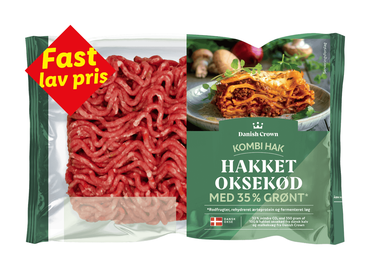 Pakke med hakket oksekød med 35% grønt og et serveringsforslag af lasagne, med teksten 'Fast lav pris'.