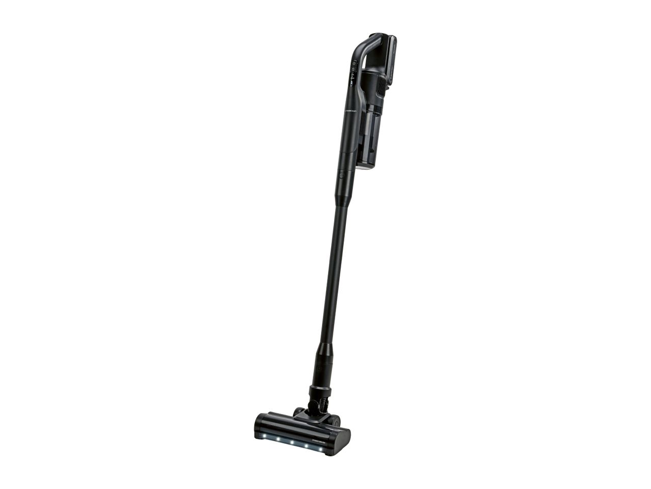 Black cordless stick vacuum cleaner with a transparent dustbin and LED lights on the brush head.
