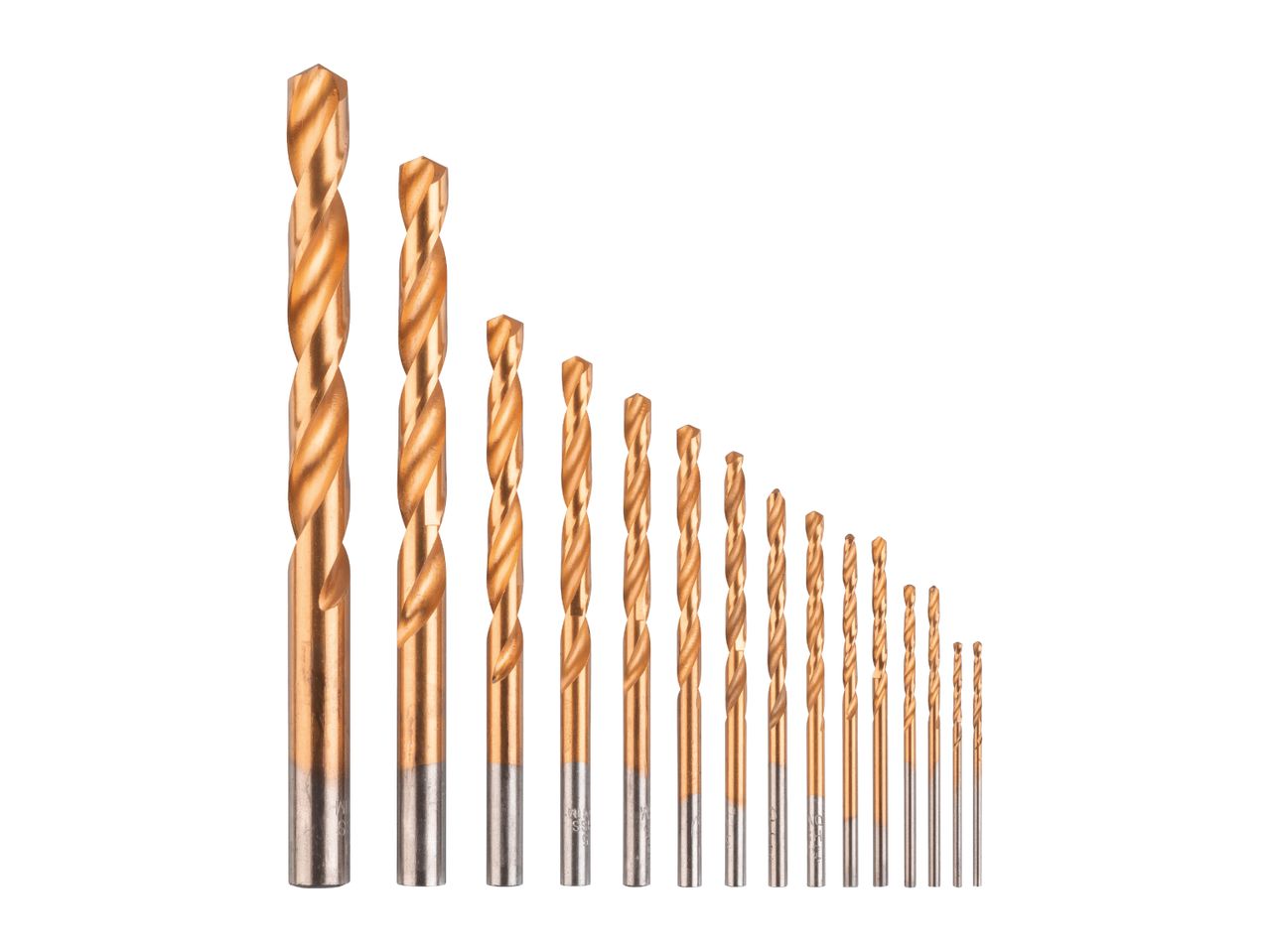 A set of golden-colored drill bits of various sizes, arranged from largest to smallest.