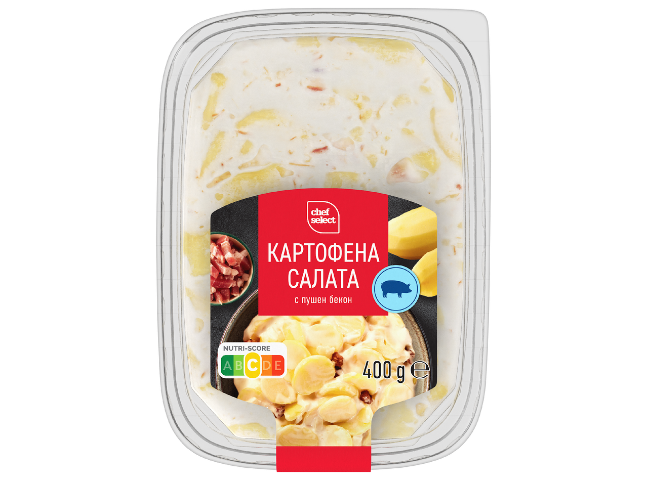 Картофена салата с пушен бекон в прозрачна опаковка, с Nutri-Score C и 400g тегло.
