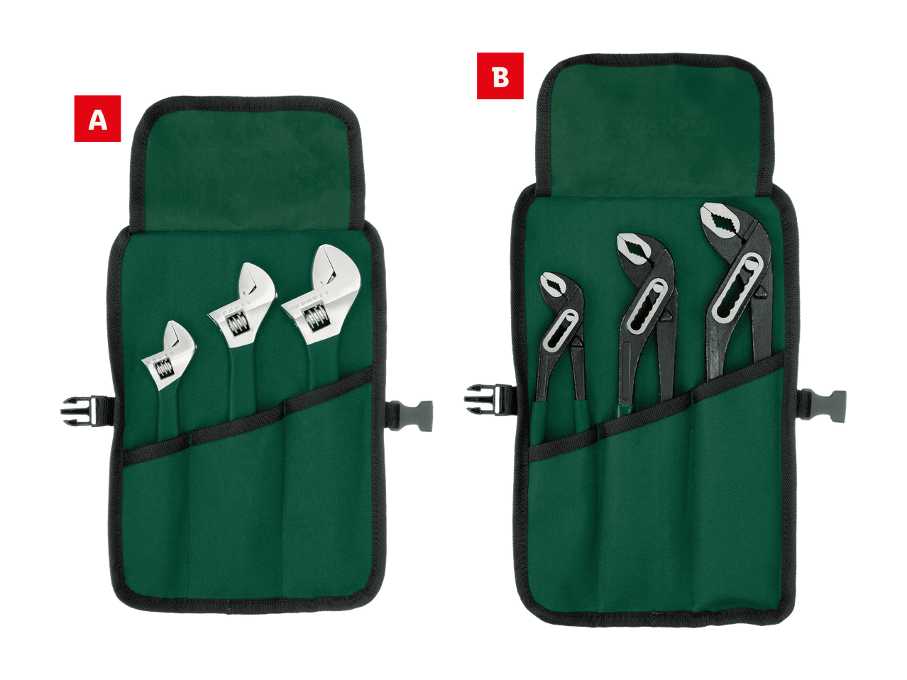 Kaksi vihreää työkalurullaa, joissa on säädettävät jakoavaimet ja putkipihdit.