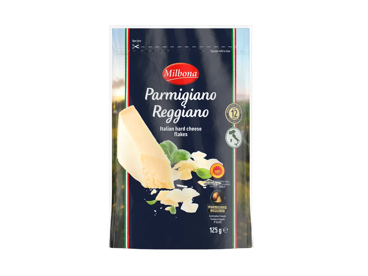 Опаковка пармезан на люспи, 125 гр, с надпис „Parmigiano Reggiano“ и „Italian hard cheese flakes“.