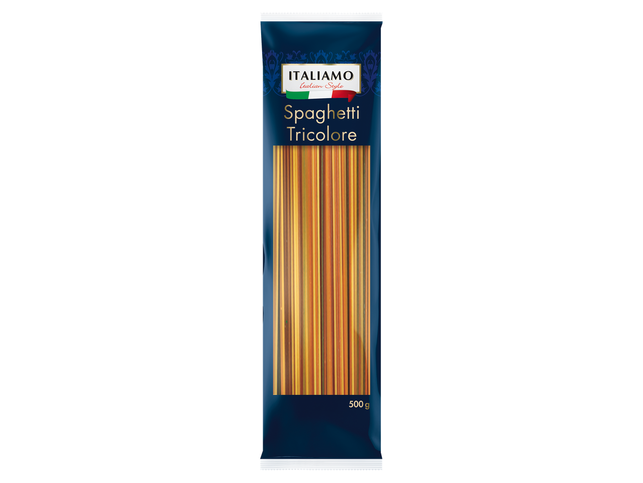 Háromszínű spagetti tészta kék csomagolásban.