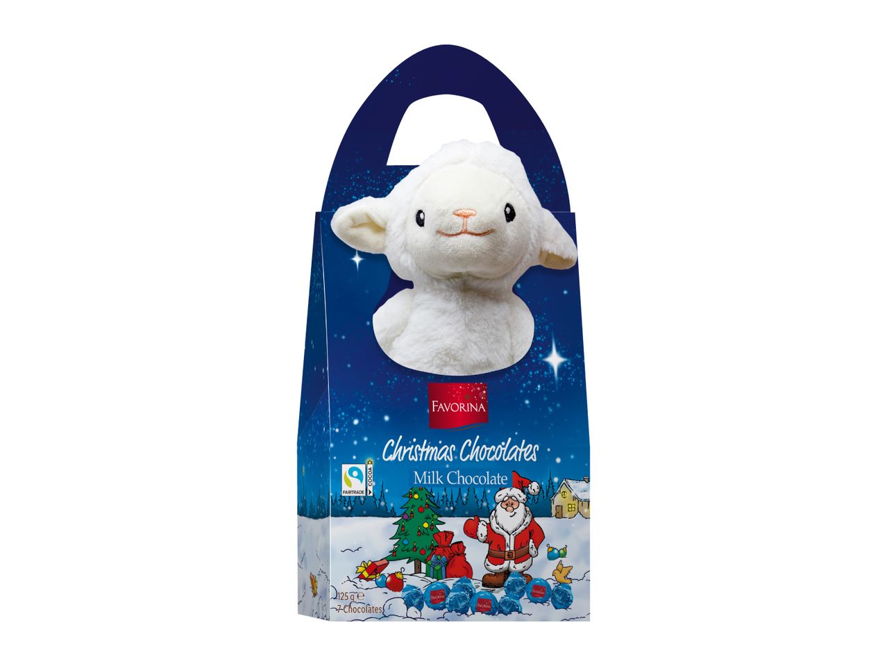 Favorina Christmas Chocolates with a plush lamb toy in a festive box.