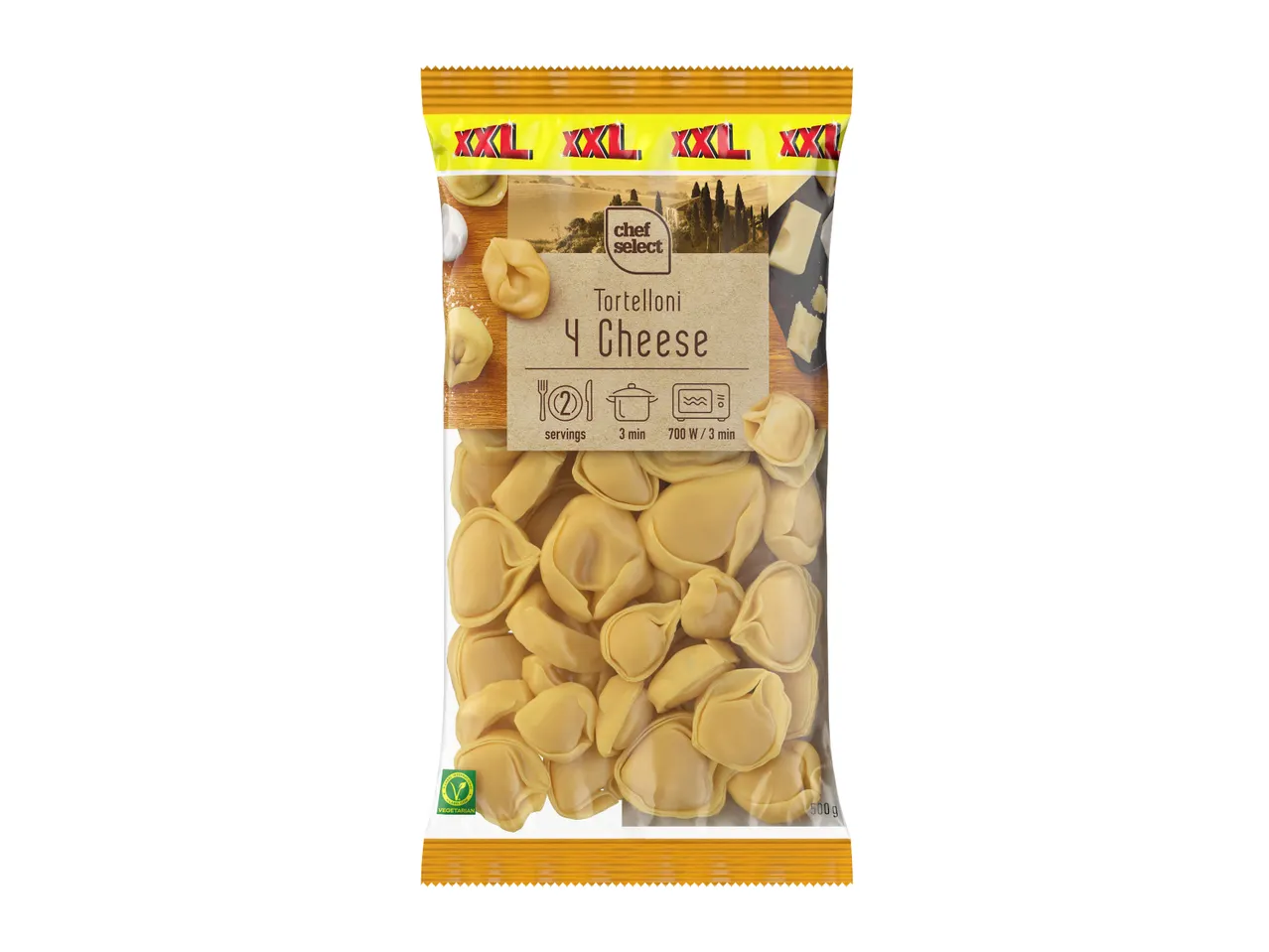 A bag of tortelloni pasta with 4 cheese filling, featuring cooking instructions and a vegetarian label.