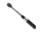 A silver and black torque wrench with a textured handle and visible torque settings.