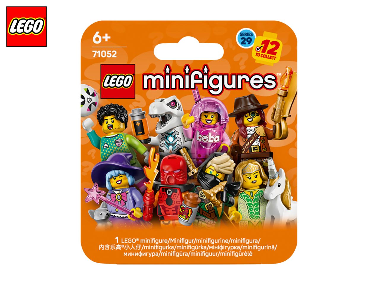 Orange blind bag for collectible minifigures, showing various characters like a wizard, a dinosaur, and a unicorn.
