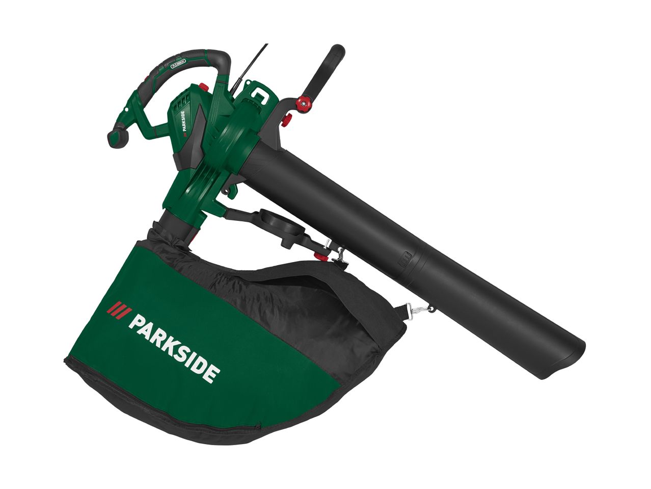 A green and black Parkside leaf blower with a collection bag attached.