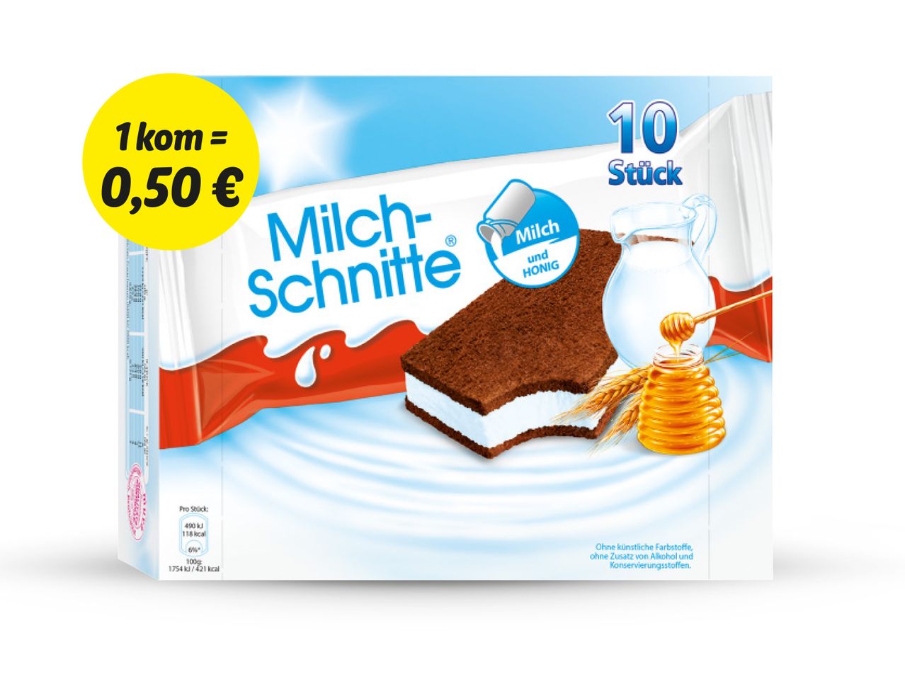 Pakiranje Kinder Milch-Schnitte s 10 komada, prikazuje kolač, mlijeko i med, s cijenom od 0,50 € po komadu.