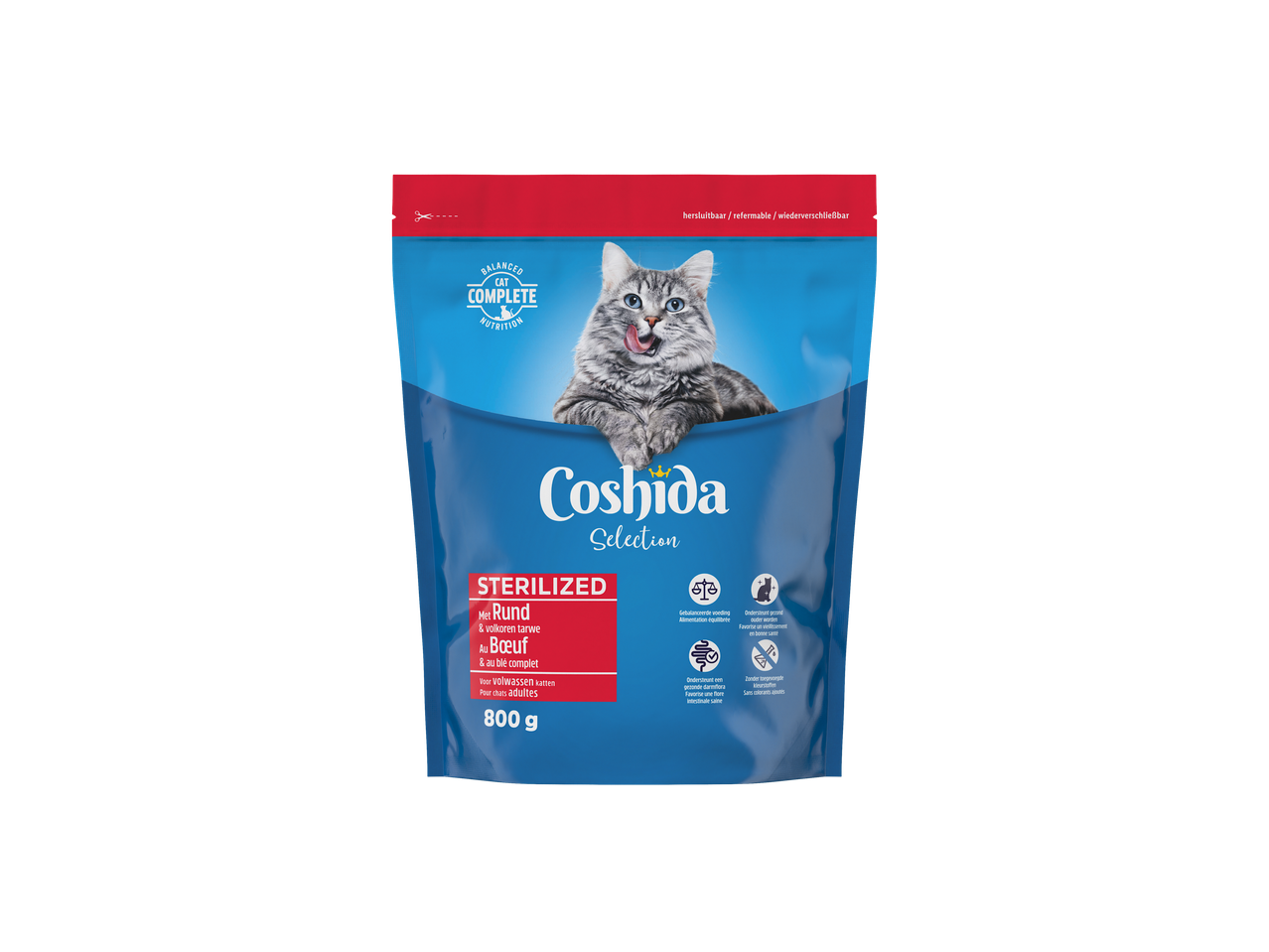 Coshida Selection Nourriture pour chat stérilisé au bœuf et blé complet, 800g.
